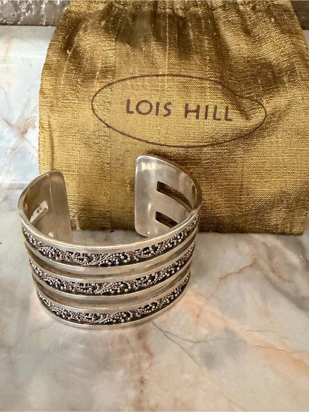 Lois Hill Silver Granulated Scroll Cuff Bracelet - 925 Silver